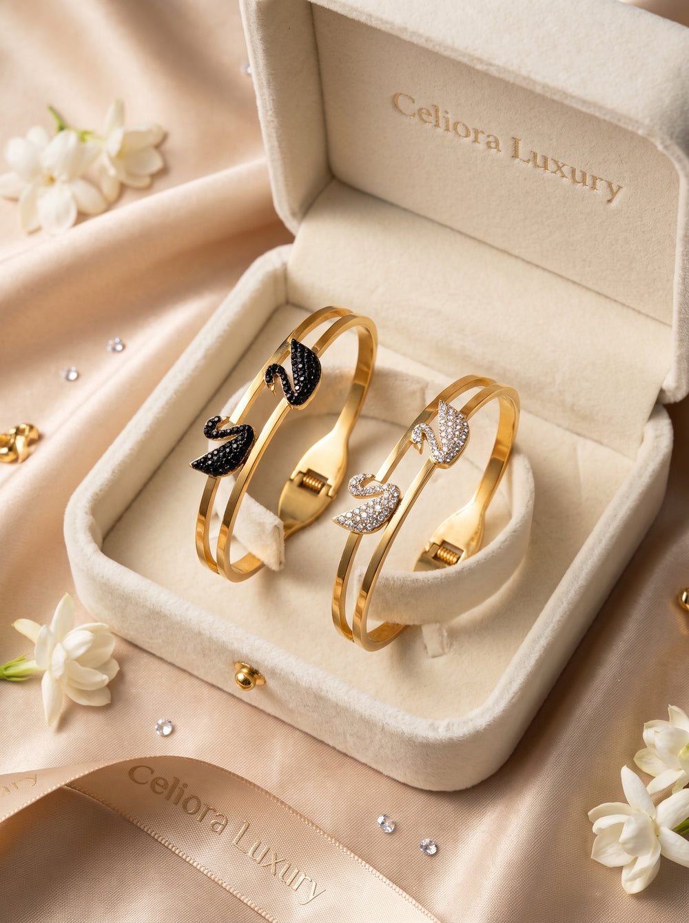 Celiora Swan Duet Bracelet in gold with crystal swan design